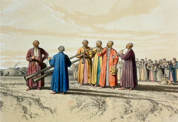 Evening prayer among the Kalmuks, using extra-long trumpets, illustration from 